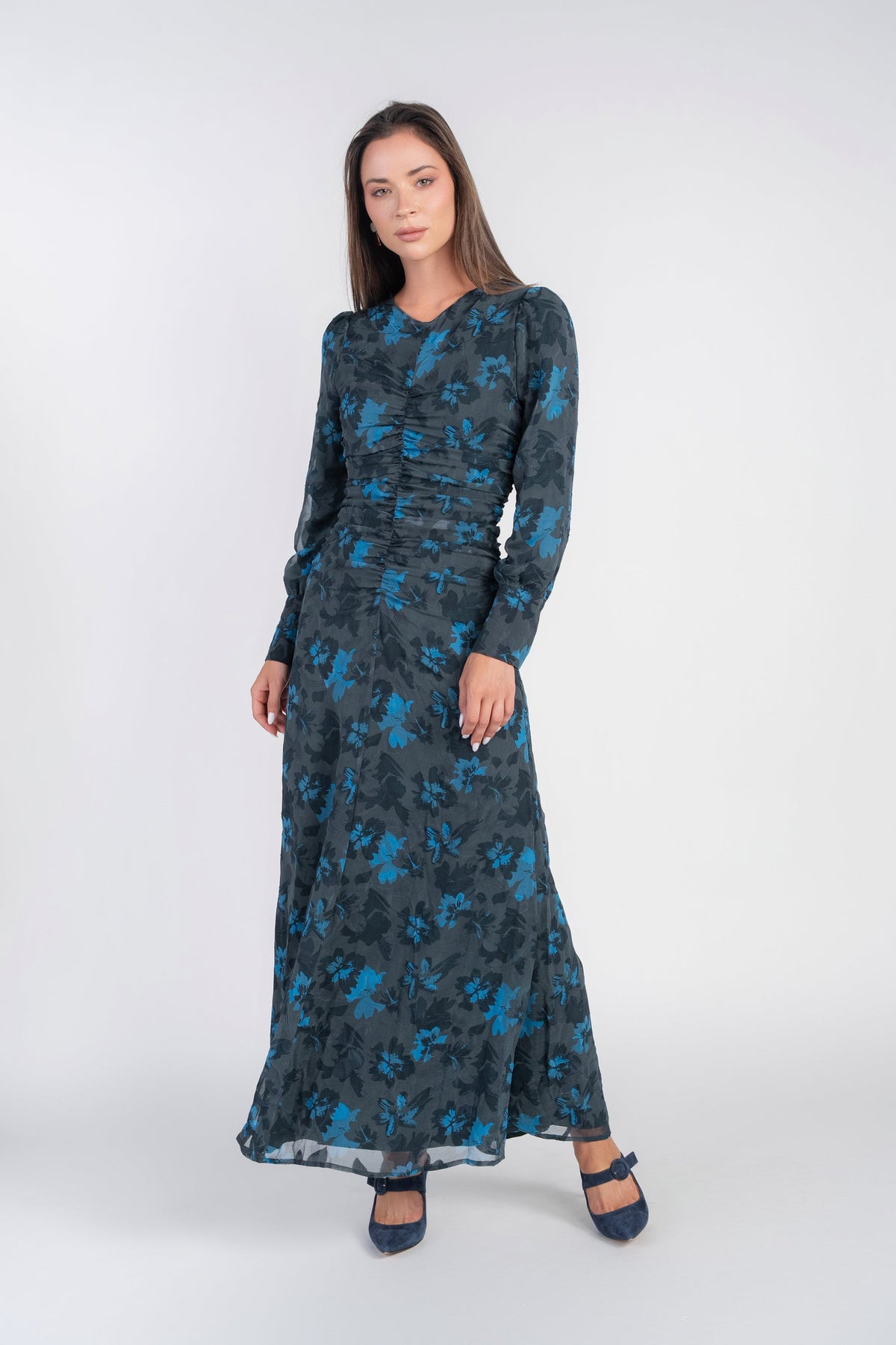 Adina Las Vegas Michalie Midi Dress Hunter Green W/ Teal Flowers