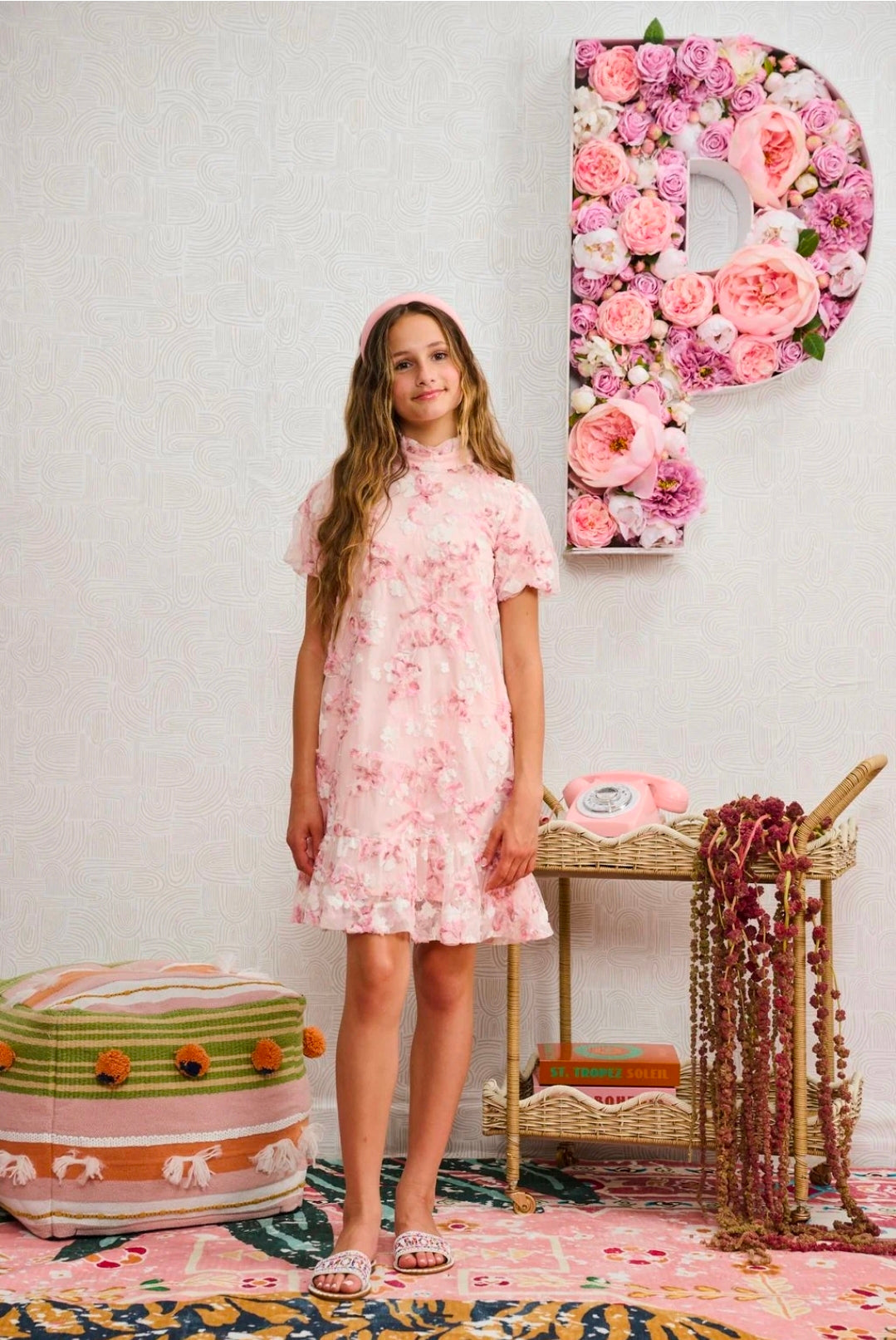 Porter Pink Tulle W White Pink Floral Applique #2283A