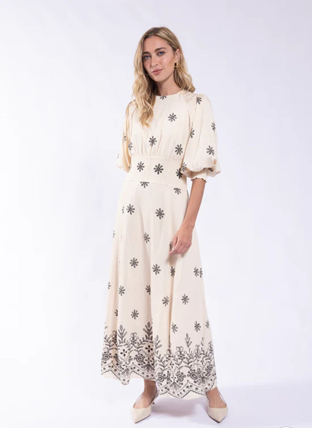 Maple and cliff embroidered floral waisted dress