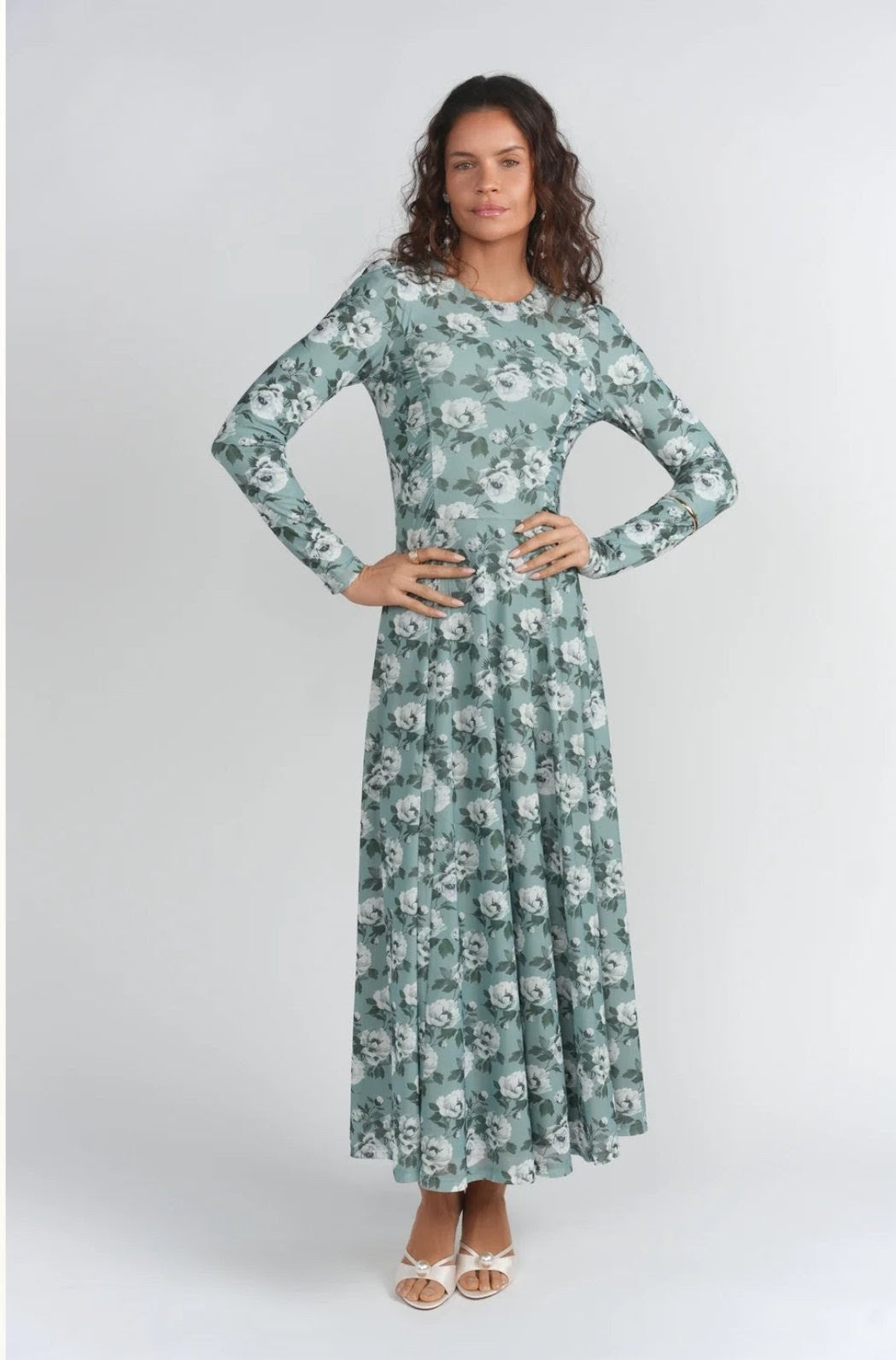 Lunella Caelia ruched side detail green floral mesh maxi