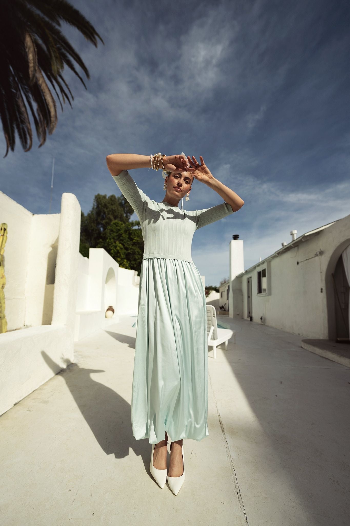 Bliss knit/satin combo dress- powder blue