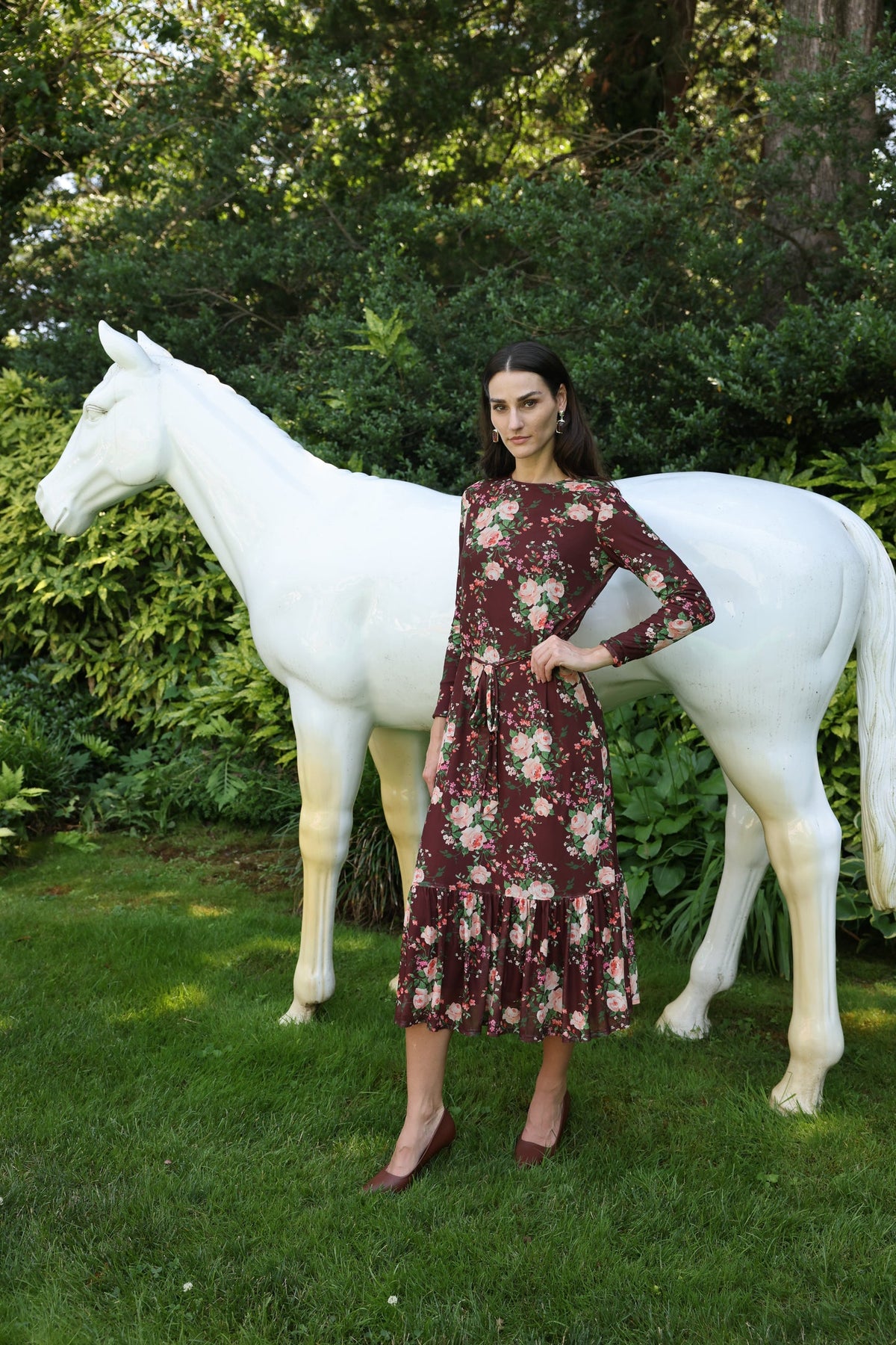 Japparel Luma Brown Floral Midi Dress