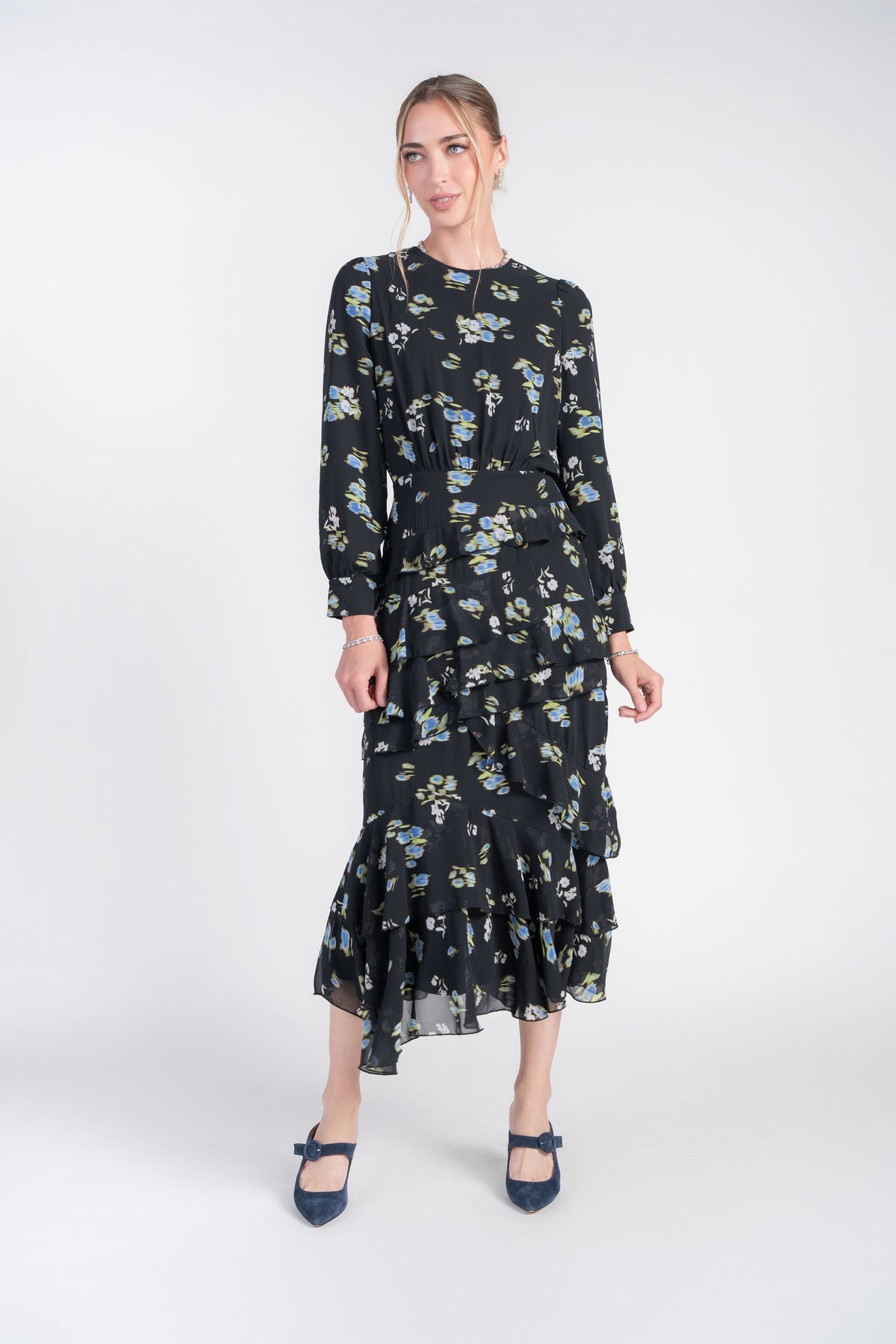 Adina Las Vegas Esme Dress Bright Flowers on Black Chiffon