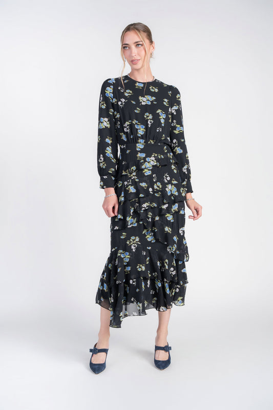 Adina Las Vegas Esme Dress Bright Flowers on Black Chiffon