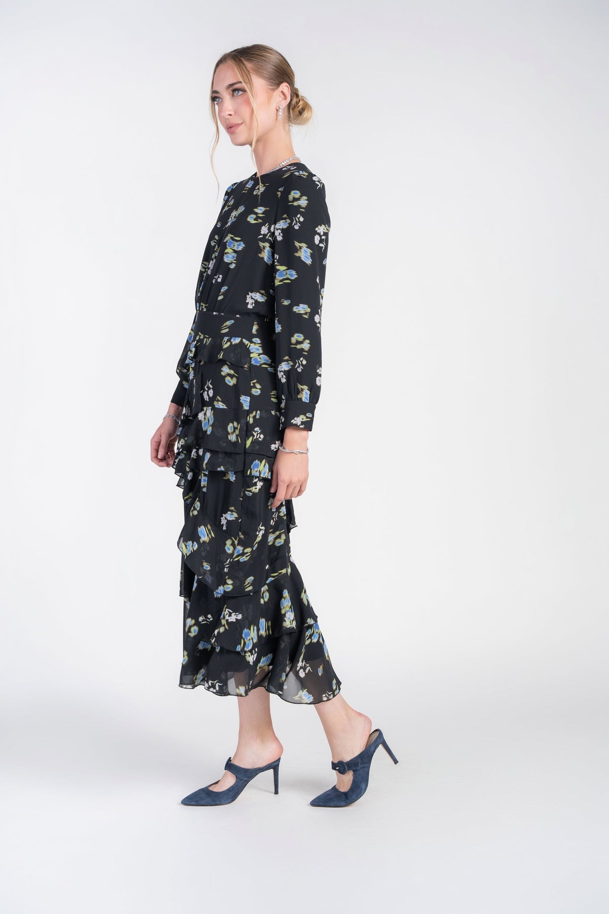 Adina Las Vegas Esme Dress Bright Flowers on Black Chiffon