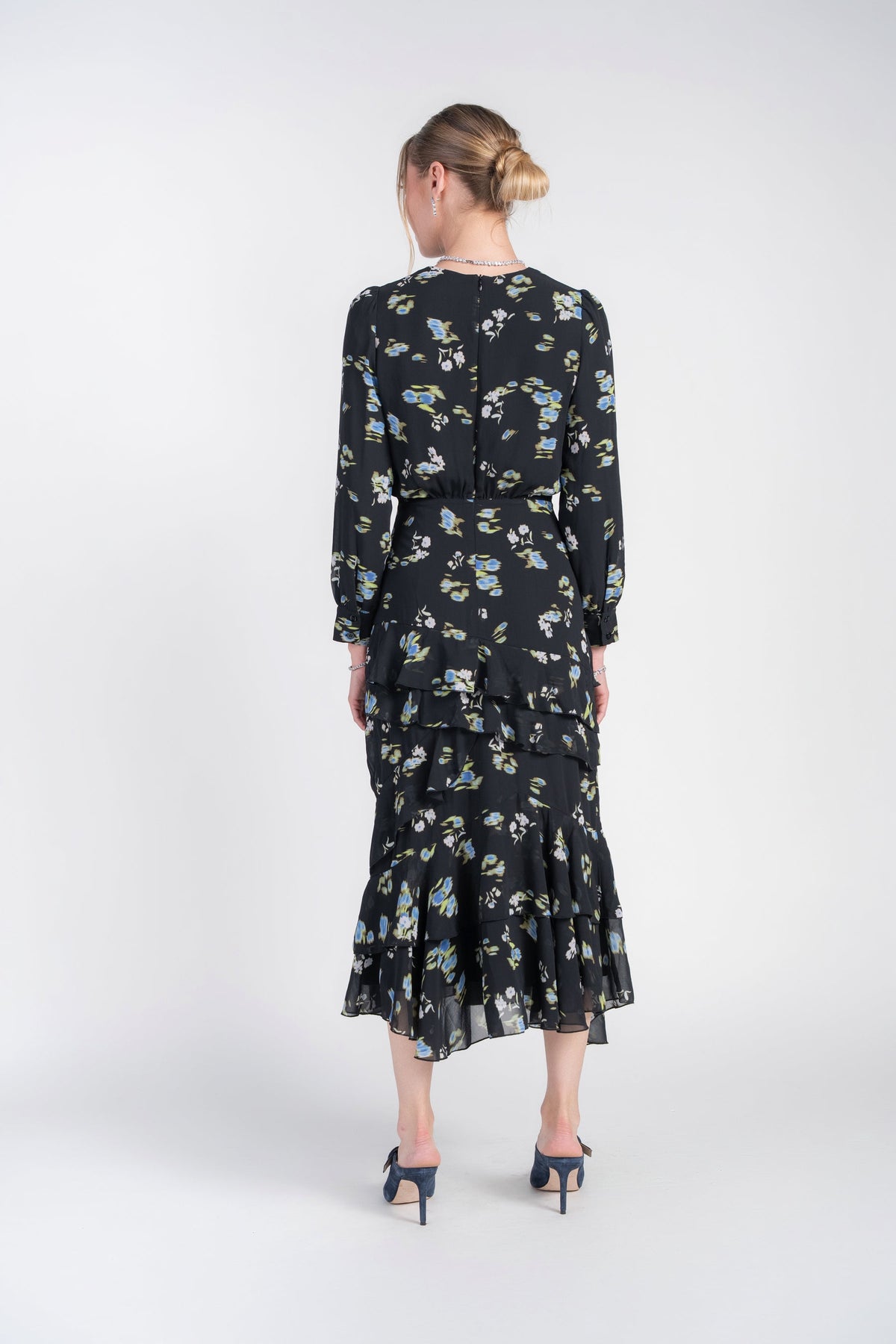 Adina Las Vegas Esme Dress Bright Flowers on Black Chiffon