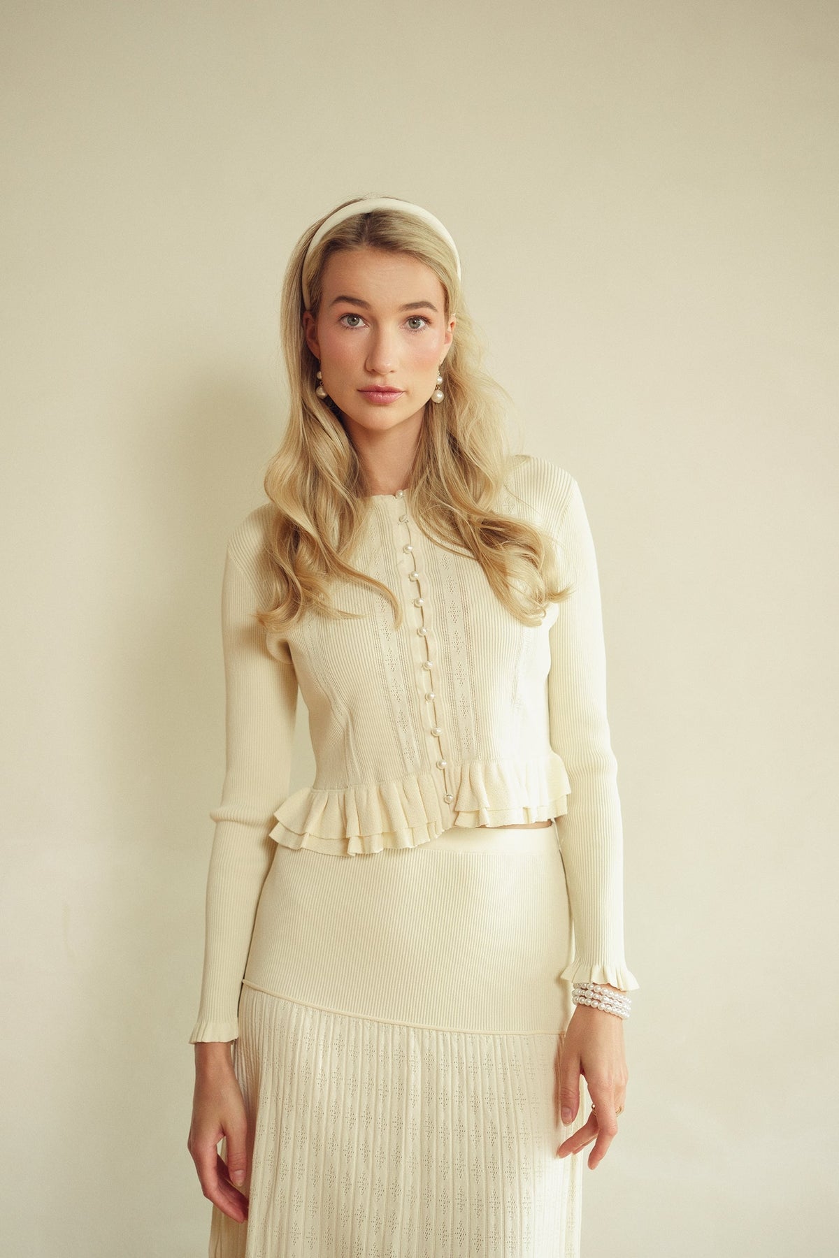 Bliss Pointelle Ruffle Cardigan Cream