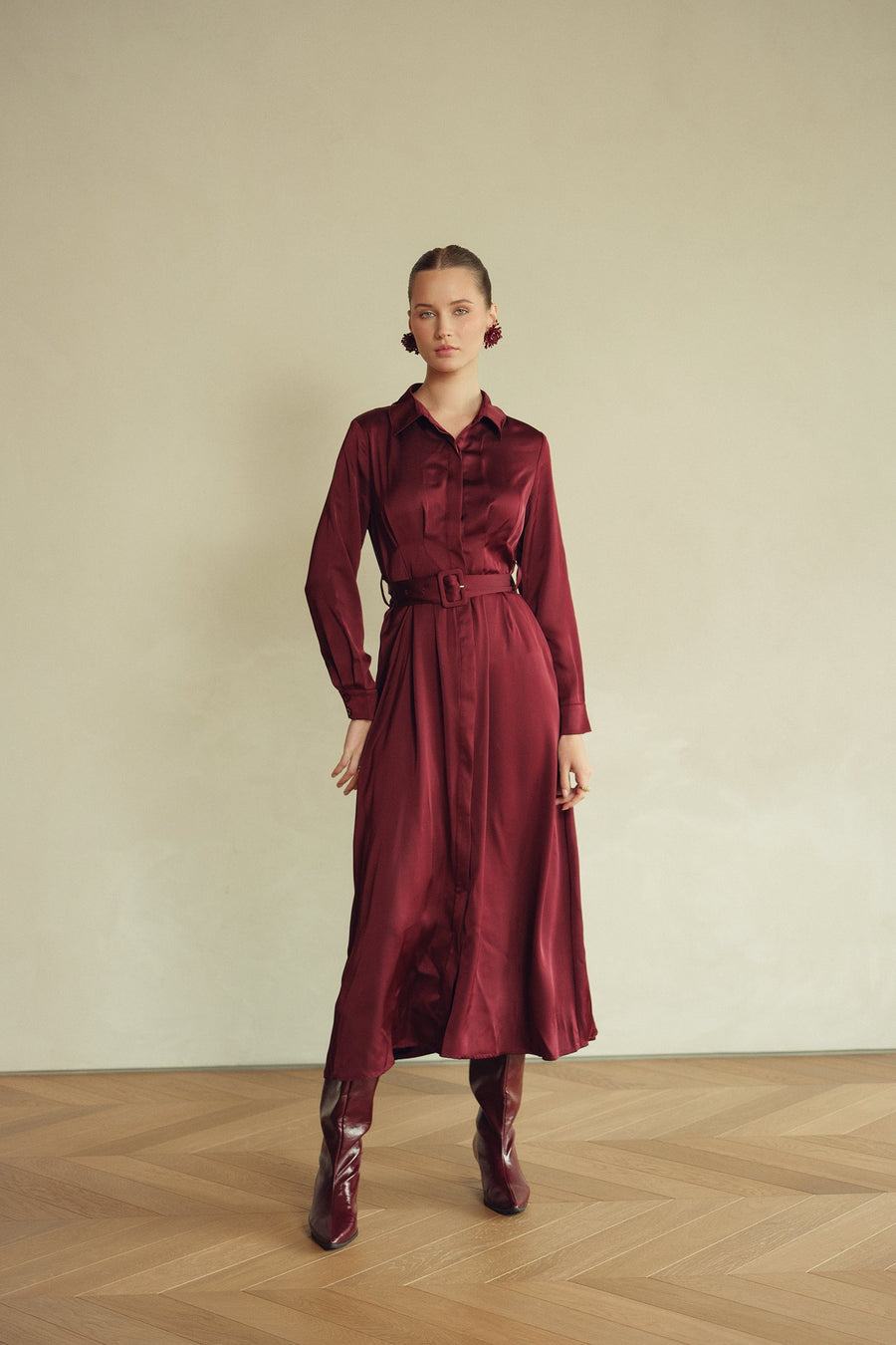 Bliss Burgundy Pintuck Midi Dress