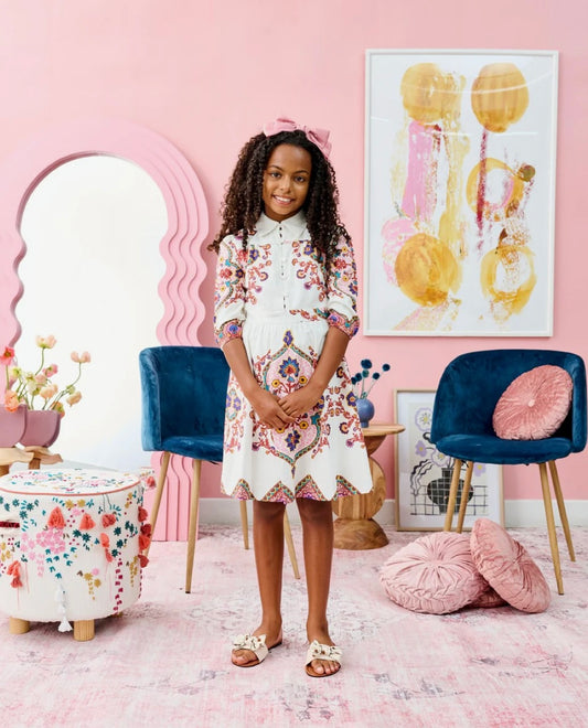 PORTER WHITE WITH RUST & TEAL FLORAL DRESS 2043