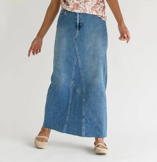 Inherit Lee A-Line Raw Hem Denim Maxi Skirt