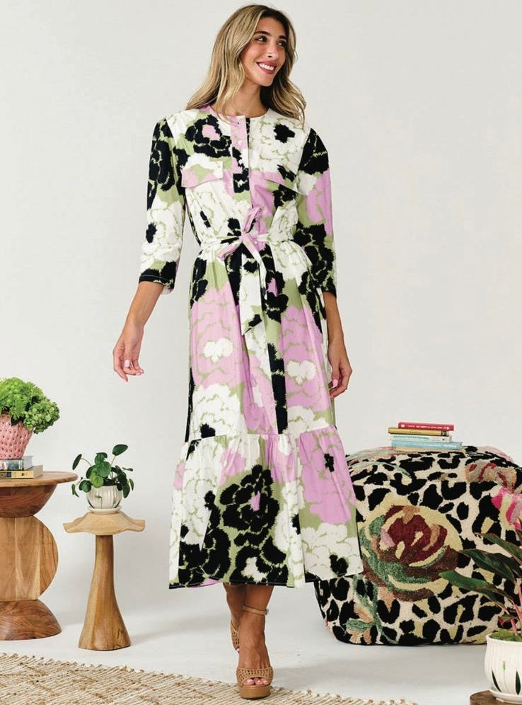 PAPER PARACHUTE PRINTED DRESS WITH POCKETS & TIE BELT 333551