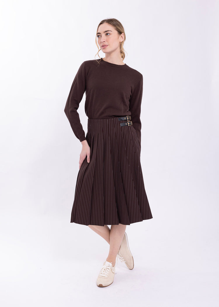 Latitude Pinstripe Pleated Skirt in Brown
