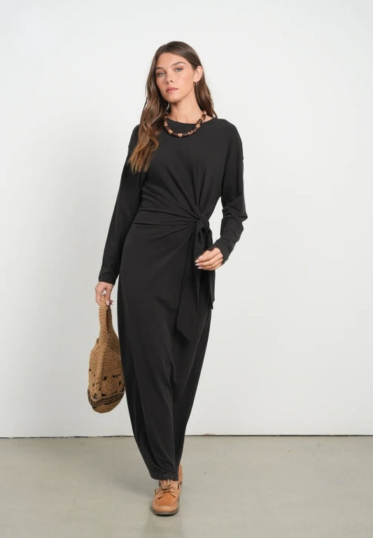 Point Side Tie Dress- Black