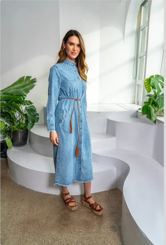 Japparel Daisy Raw Hem Shirt Dress- Light Denim