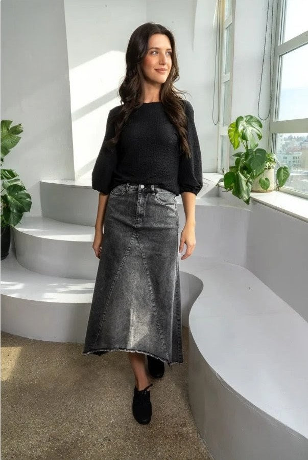 Japparel Janice Asymmetrical Raw Hem Skirt- Black