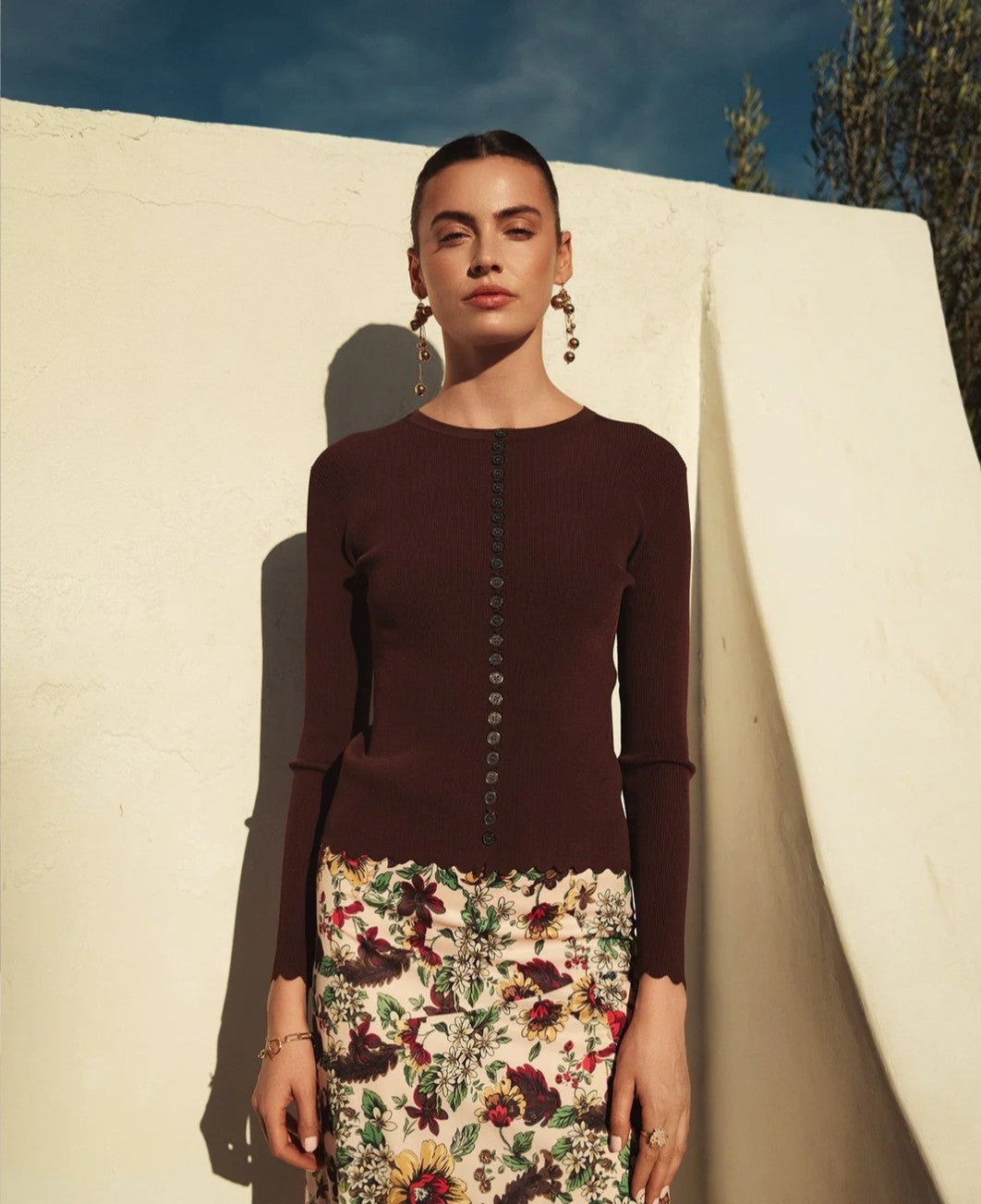 Bliss Scalloped Edge Knit Cardi- Brown